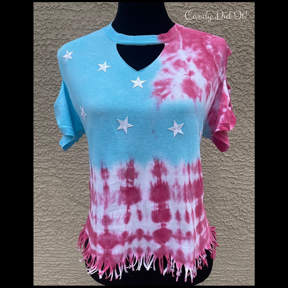 Handmade Candy Did It! Fringed Flag Tie Dye Tee S